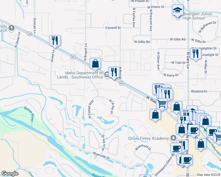 map of restaurants, bars, coffee shops, grocery stores, and more near 8332 West Pamela Street in Boise