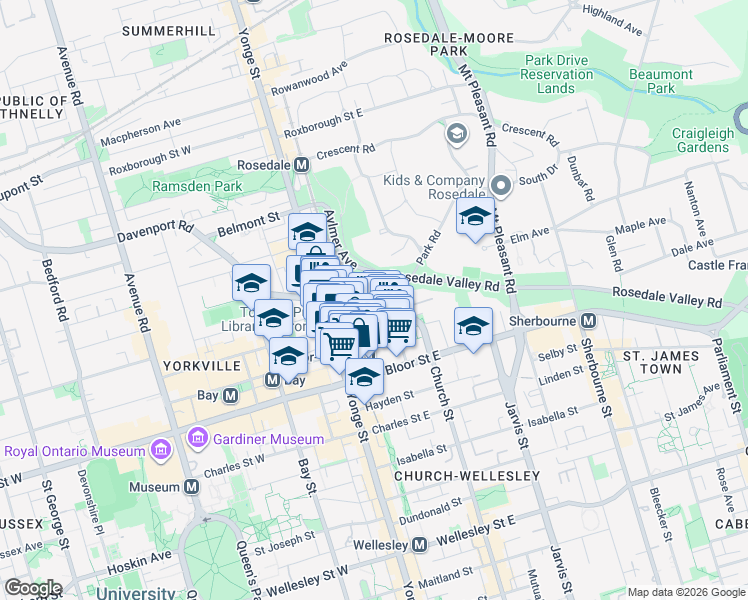 map of restaurants, bars, coffee shops, grocery stores, and more near 66 Collier Street in Toronto