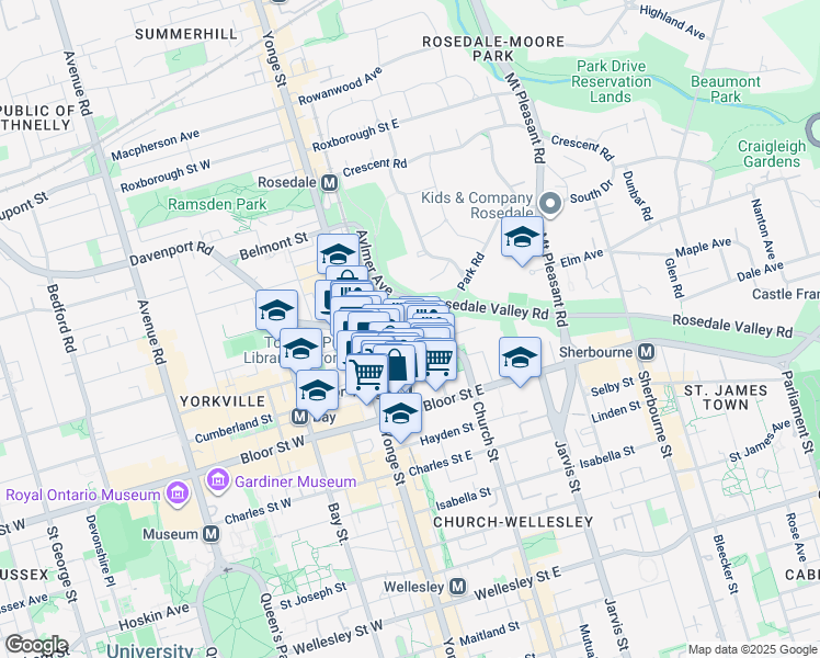 map of restaurants, bars, coffee shops, grocery stores, and more near 66 Collier Street in Toronto