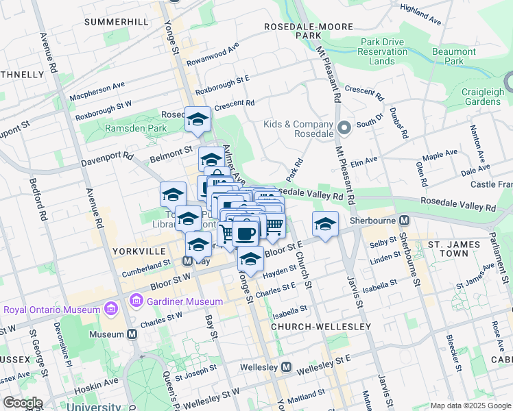 map of restaurants, bars, coffee shops, grocery stores, and more near in Toronto