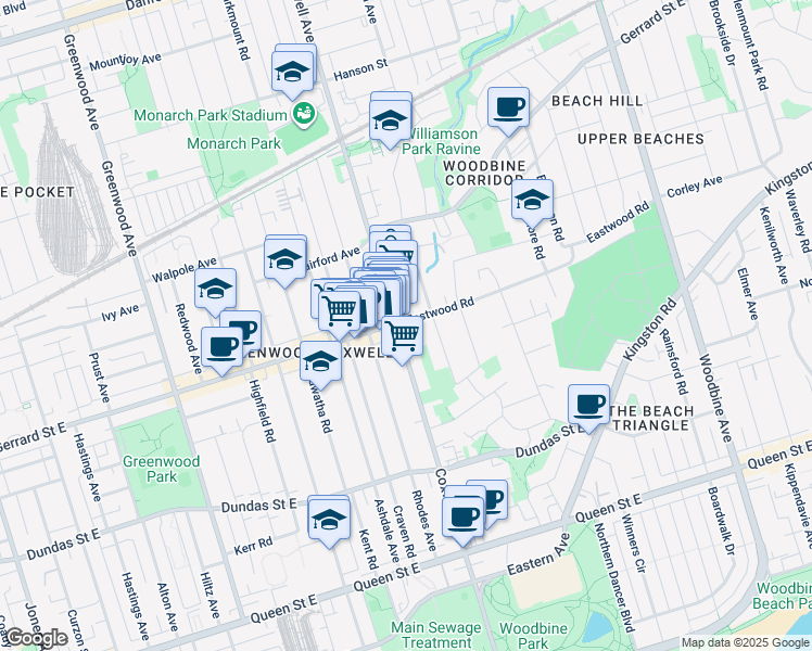 map of restaurants, bars, coffee shops, grocery stores, and more near 80 Gainsborough Road in Toronto