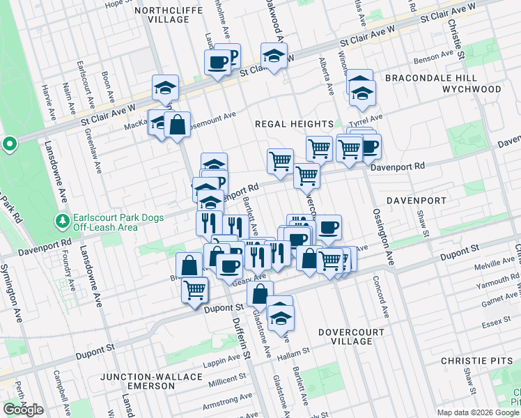 map of restaurants, bars, coffee shops, grocery stores, and more near 502 Salem Avenue North in Toronto