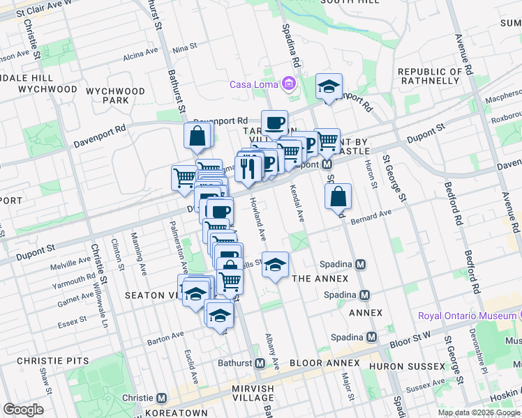 map of restaurants, bars, coffee shops, grocery stores, and more near 245 Howland Avenue in Toronto