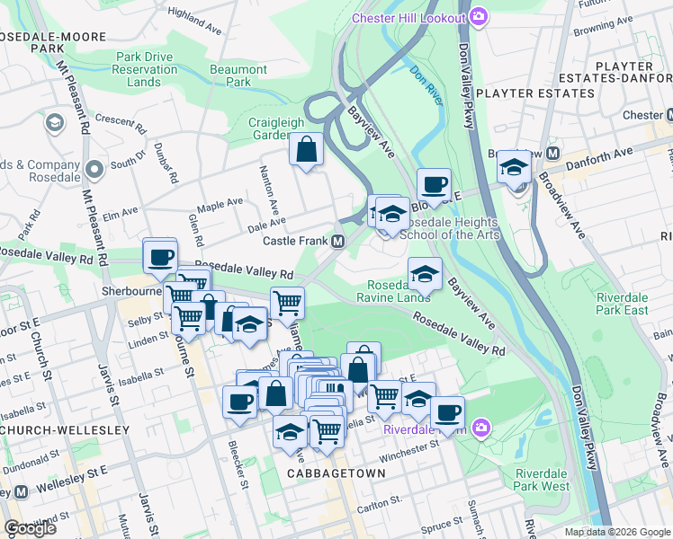 map of restaurants, bars, coffee shops, grocery stores, and more near 5 Castle Frank Crescent in Toronto