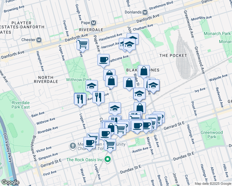 map of restaurants, bars, coffee shops, grocery stores, and more near in Toronto