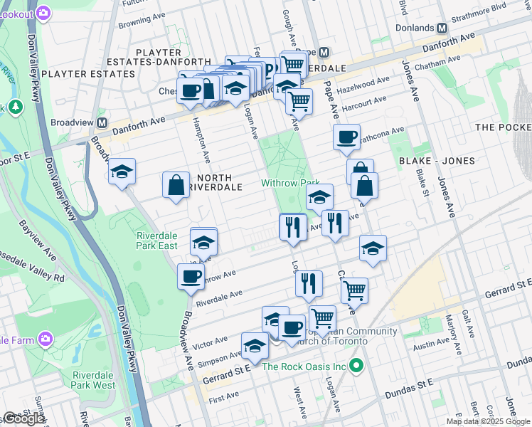 map of restaurants, bars, coffee shops, grocery stores, and more near in Toronto