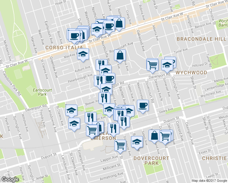 map of restaurants, bars, coffee shops, grocery stores, and more near in Toronto