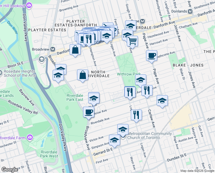 map of restaurants, bars, coffee shops, grocery stores, and more near 4 Albemarle Avenue in Toronto