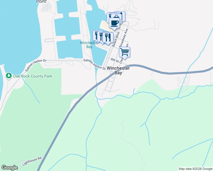 map of restaurants, bars, coffee shops, grocery stores, and more near 1123 Broadway Ave in Winchester Bay