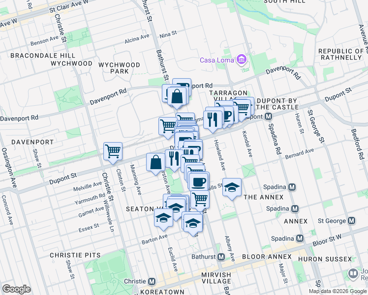 map of restaurants, bars, coffee shops, grocery stores, and more near 1098 Bathurst Street in Toronto