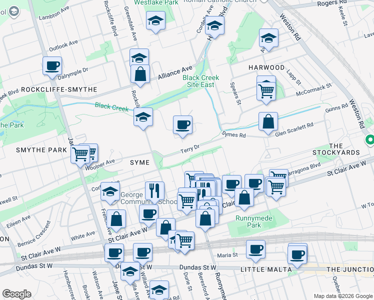 map of restaurants, bars, coffee shops, grocery stores, and more near Terry Drive in Toronto