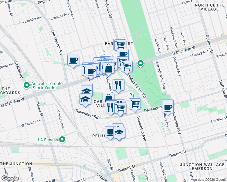 map of restaurants, bars, coffee shops, grocery stores, and more near in Toronto