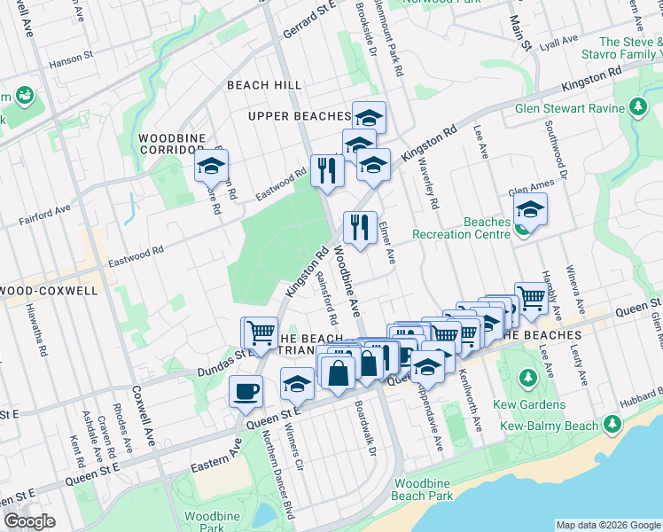 map of restaurants, bars, coffee shops, grocery stores, and more near 402 Woodbine Avenue in Toronto