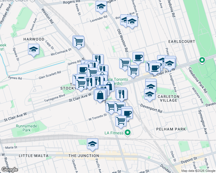 map of restaurants, bars, coffee shops, grocery stores, and more near 1920 Saint Clair Avenue West in Toronto