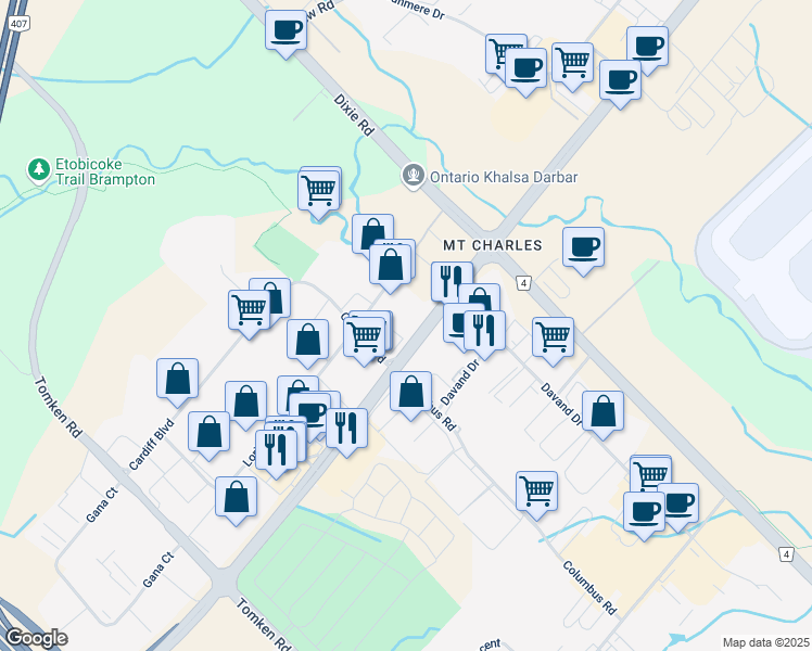 map of restaurants, bars, coffee shops, grocery stores, and more near 1315 Derry Road East in Mississauga