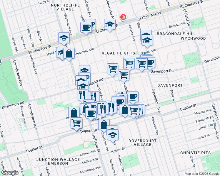 map of restaurants, bars, coffee shops, grocery stores, and more near 495 Salem Avenue North in Toronto
