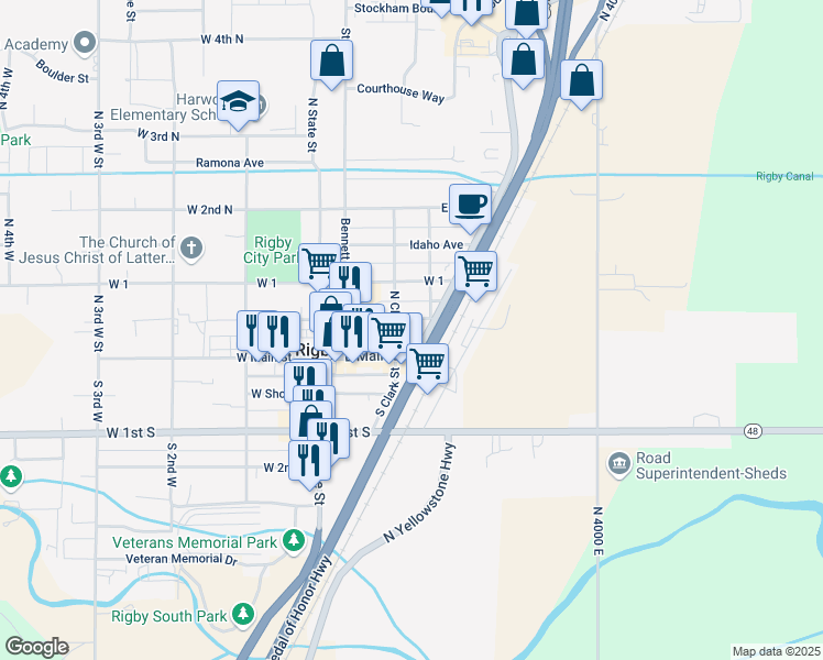 map of restaurants, bars, coffee shops, grocery stores, and more near 134 North Clark Street in Rigby