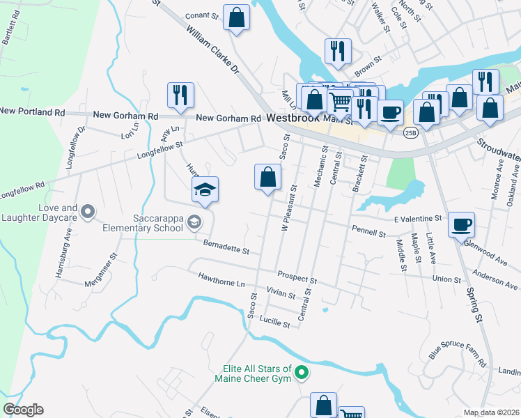 map of restaurants, bars, coffee shops, grocery stores, and more near 130 Saco Street in Westbrook