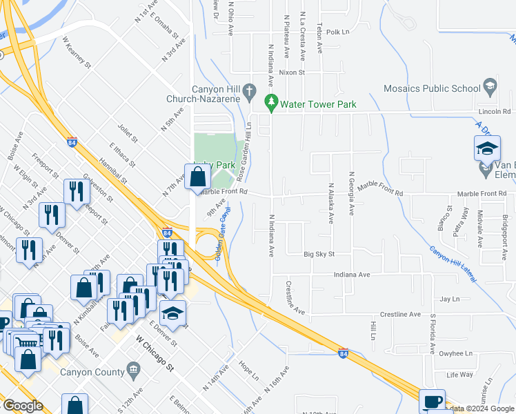 map of restaurants, bars, coffee shops, grocery stores, and more near 408 North Michigan Avenue in Caldwell