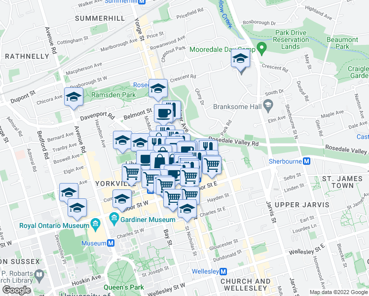 map of restaurants, bars, coffee shops, grocery stores, and more near 876 Yonge Street in Toronto