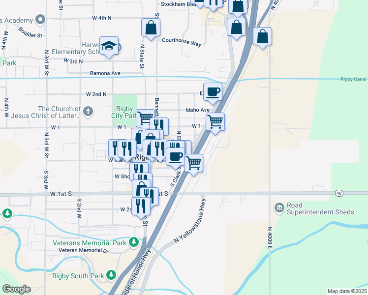 map of restaurants, bars, coffee shops, grocery stores, and more near 134 North Clark Street in Rigby