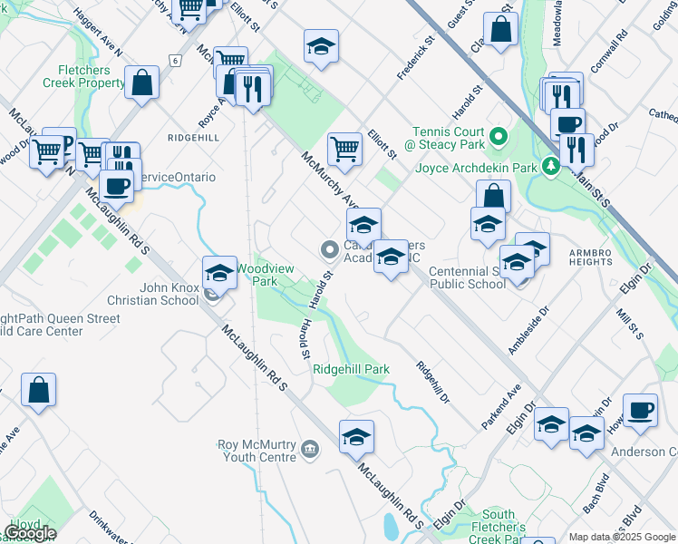map of restaurants, bars, coffee shops, grocery stores, and more near 81 Ridgehill Drive in Brampton