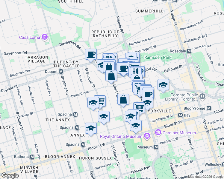 map of restaurants, bars, coffee shops, grocery stores, and more near 140 Bedford Road in Toronto