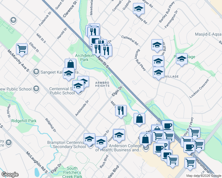 map of restaurants, bars, coffee shops, grocery stores, and more near 310 Mill Street South in Brampton