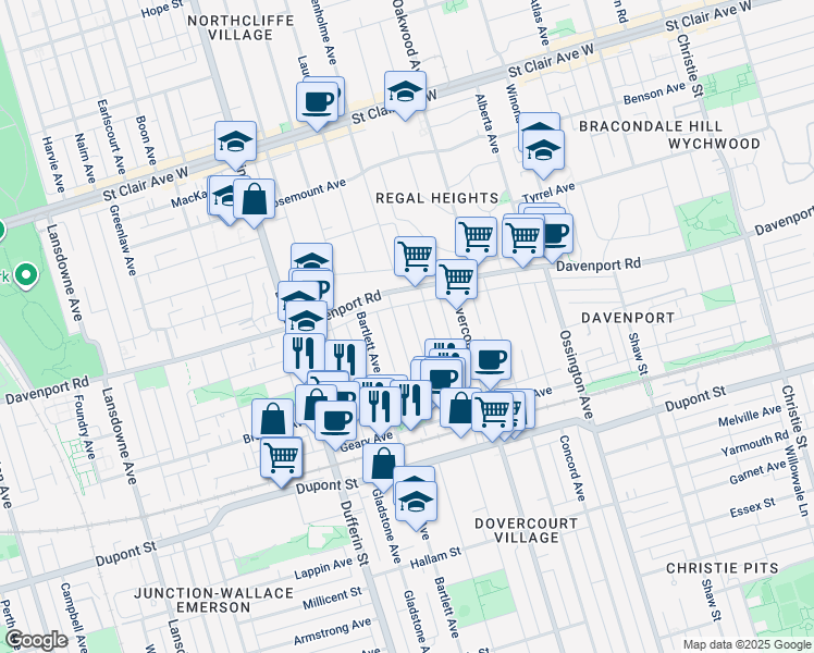 map of restaurants, bars, coffee shops, grocery stores, and more near in Toronto