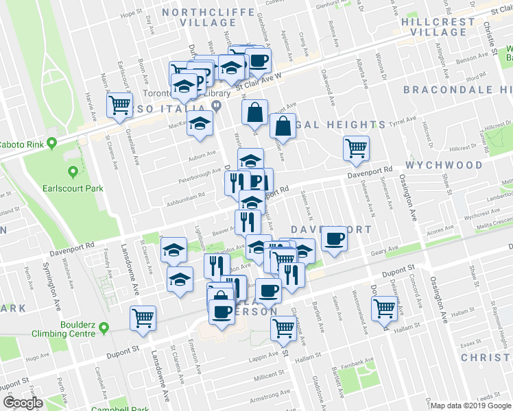 map of restaurants, bars, coffee shops, grocery stores, and more near in Toronto