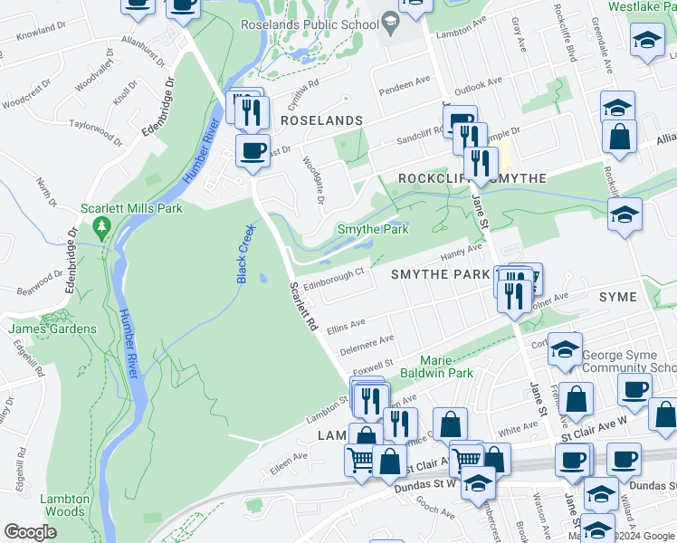 map of restaurants, bars, coffee shops, grocery stores, and more near in Toronto