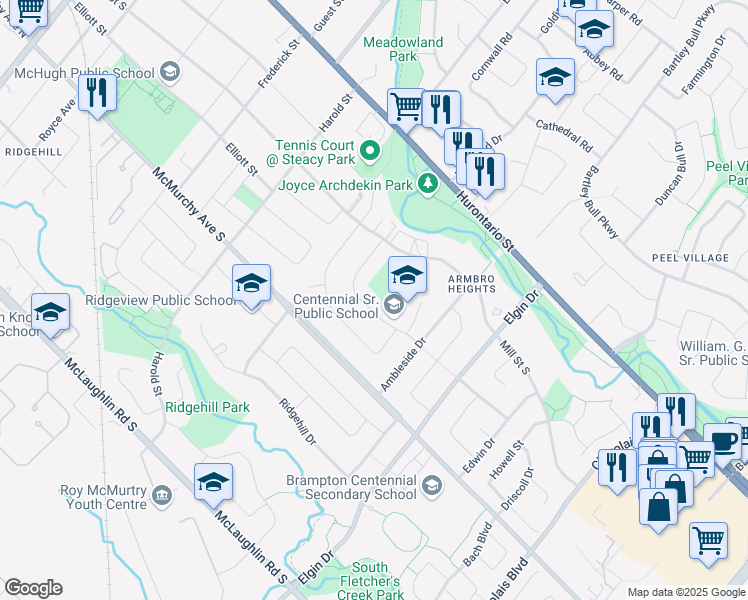 map of restaurants, bars, coffee shops, grocery stores, and more near 43 Ladore Drive in Brampton
