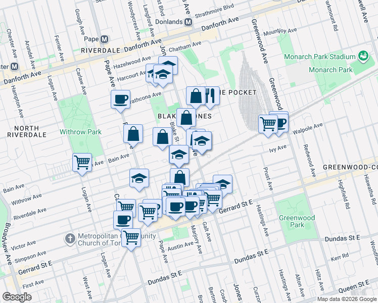map of restaurants, bars, coffee shops, grocery stores, and more near 352 Jones Avenue in Toronto