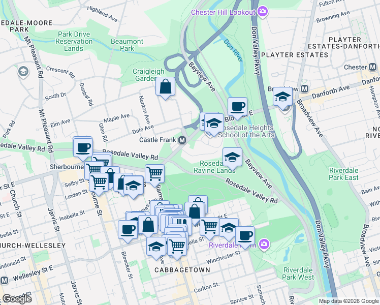 map of restaurants, bars, coffee shops, grocery stores, and more near 18 Castle Frank Crescent in Toronto