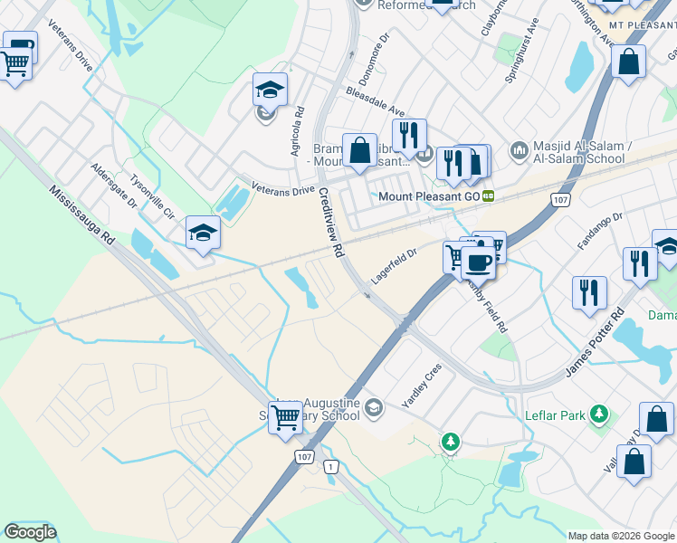 map of restaurants, bars, coffee shops, grocery stores, and more near 220 Lagerfeld Drive in Brampton
