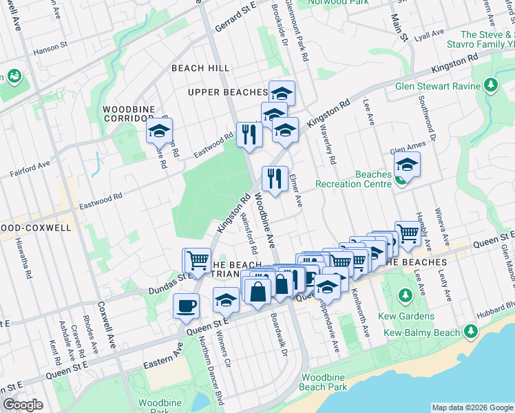 map of restaurants, bars, coffee shops, grocery stores, and more near 402 Woodbine Avenue in Toronto
