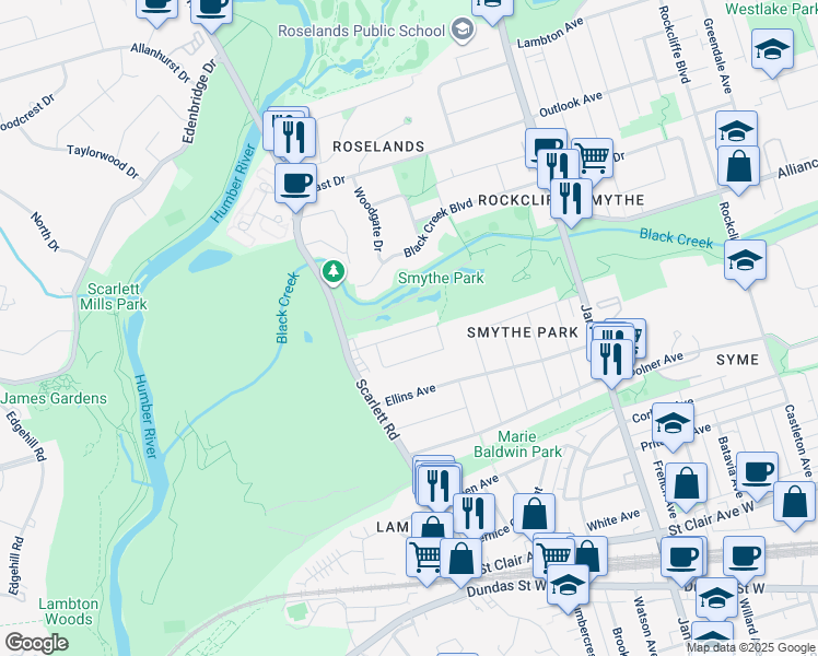 map of restaurants, bars, coffee shops, grocery stores, and more near 120 Edinborough Court in Toronto