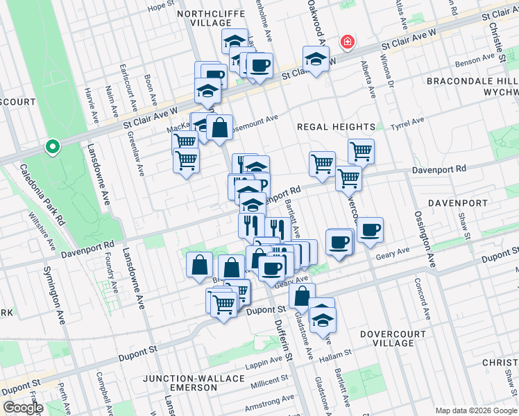 map of restaurants, bars, coffee shops, grocery stores, and more near 1353 Davenport Road in Toronto