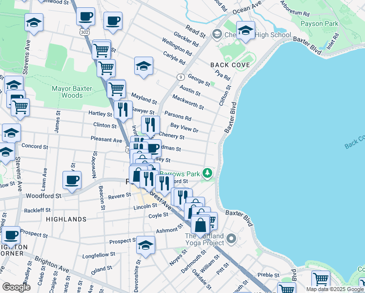 map of restaurants, bars, coffee shops, grocery stores, and more near 66 Codman Street in Portland