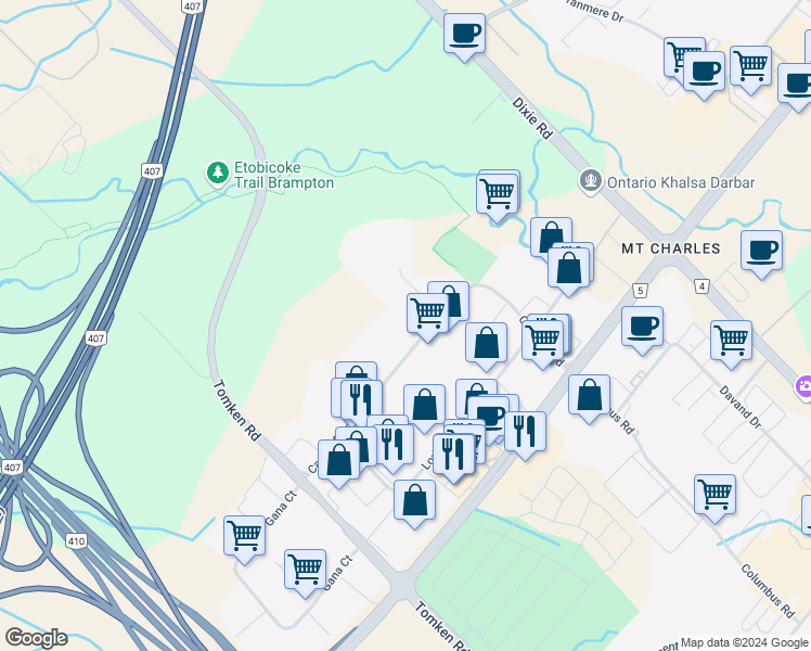 map of restaurants, bars, coffee shops, grocery stores, and more near 1185 Cardiff Boulevard in Mississauga
