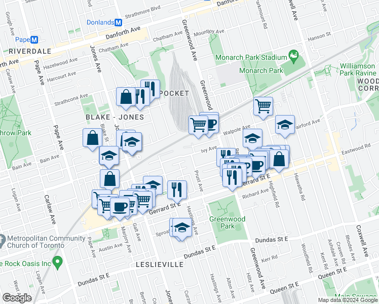 map of restaurants, bars, coffee shops, grocery stores, and more near 70 Ivy Avenue in Toronto