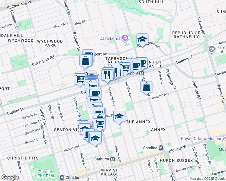 map of restaurants, bars, coffee shops, grocery stores, and more near 245 Howland Avenue in Toronto
