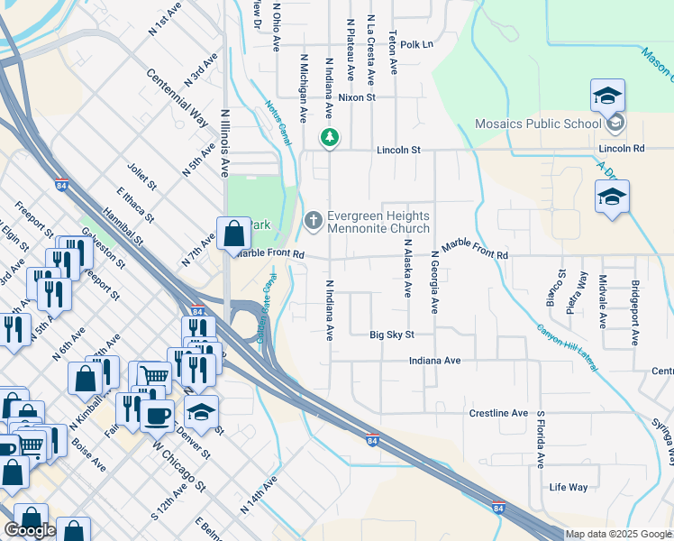 map of restaurants, bars, coffee shops, grocery stores, and more near 414 Augustina Court in Caldwell