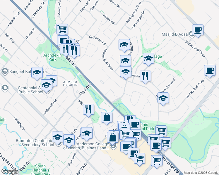 map of restaurants, bars, coffee shops, grocery stores, and more near 5 Pine Ridge Lane in Brampton