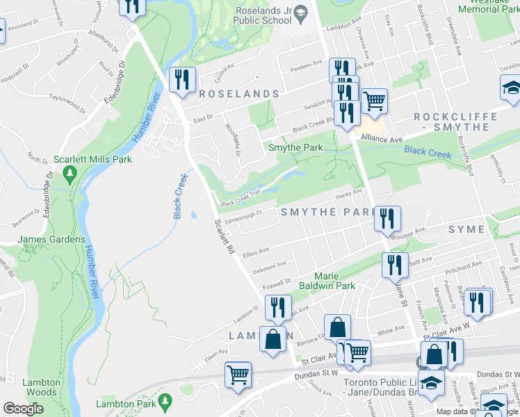map of restaurants, bars, coffee shops, grocery stores, and more near 116 Edinborough Court in Toronto