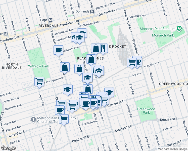 map of restaurants, bars, coffee shops, grocery stores, and more near 352 Jones Avenue in Toronto