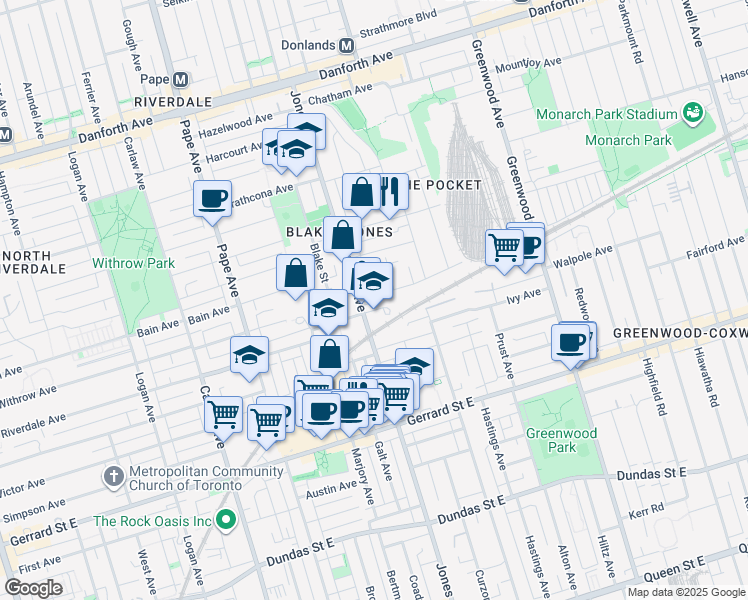 map of restaurants, bars, coffee shops, grocery stores, and more near 2 Crystal Arts Square in Toronto