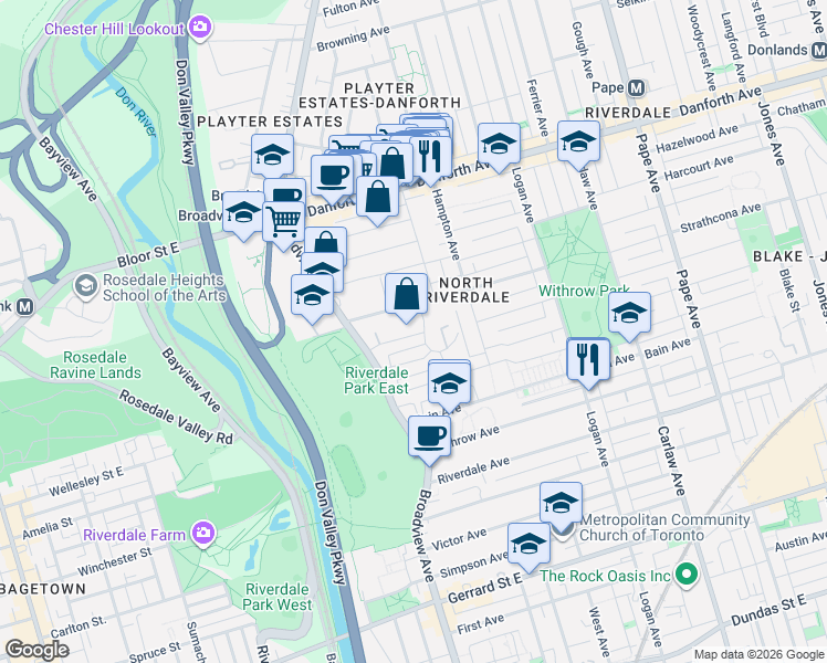 map of restaurants, bars, coffee shops, grocery stores, and more near 36 Tennis Crescent in Toronto