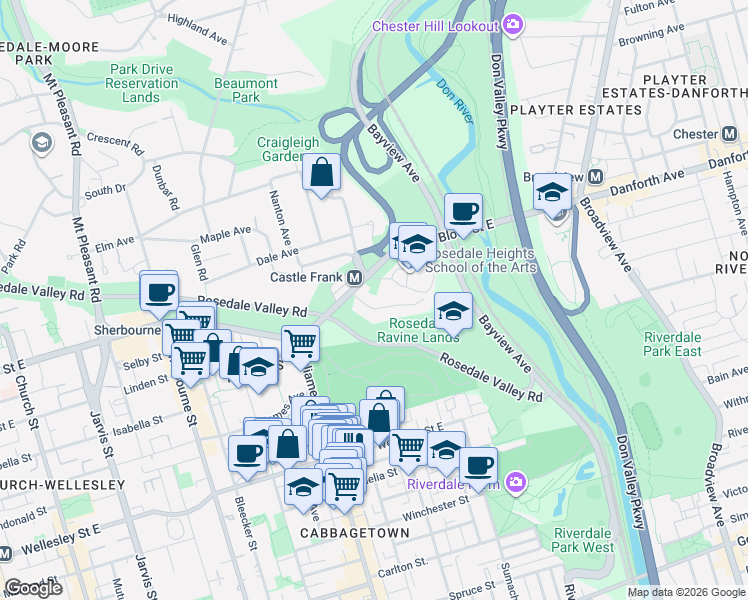 map of restaurants, bars, coffee shops, grocery stores, and more near 18 Castle Frank Crescent in Toronto