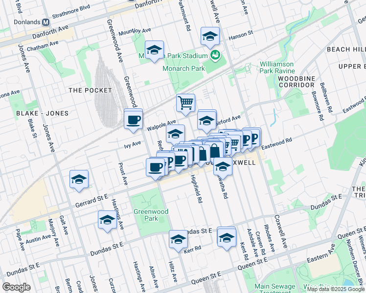 map of restaurants, bars, coffee shops, grocery stores, and more near 286 Highfield Road in Toronto